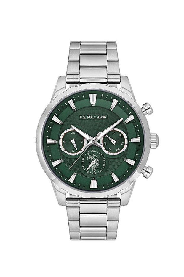 USPA 46mm Men's Chronograph Watch with Rich Green Dial & Classic Stainless Steel Ban