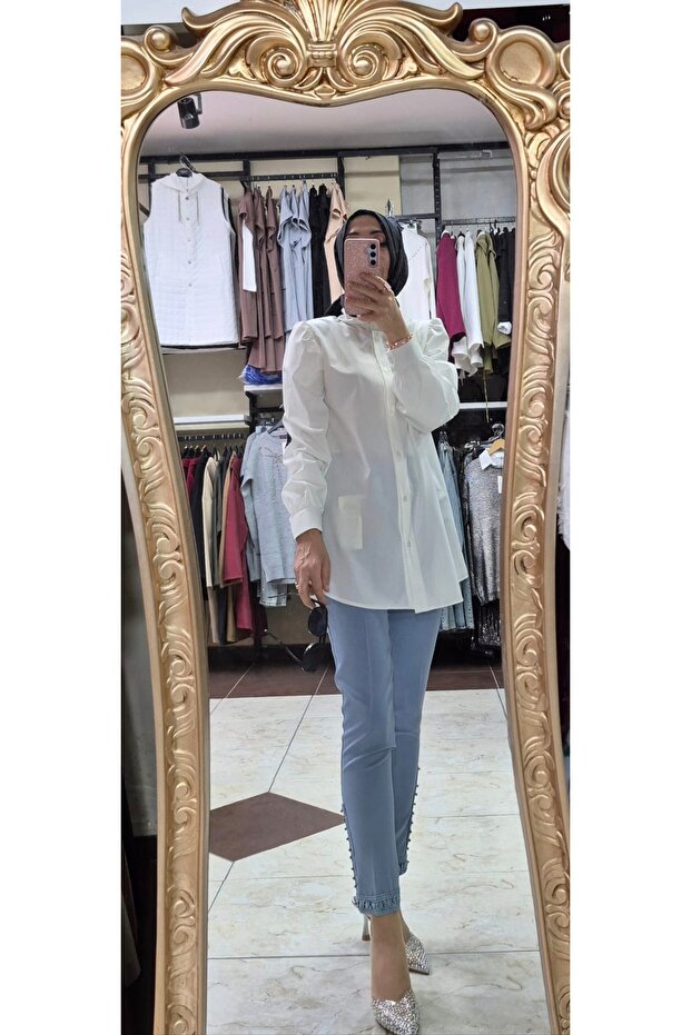 Paça dantel detaylı İncili pantolon - 2