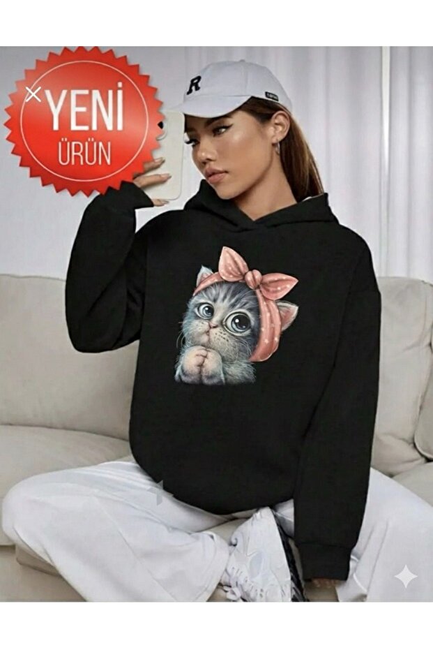 Unisex Oversized Women'S/Men's Hooded Sweatshirt with Cat Print