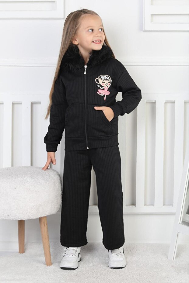 Girl's Warm Plush Collar Ribbed Fabric Set I Zippered Set I Warm and Soft Set
