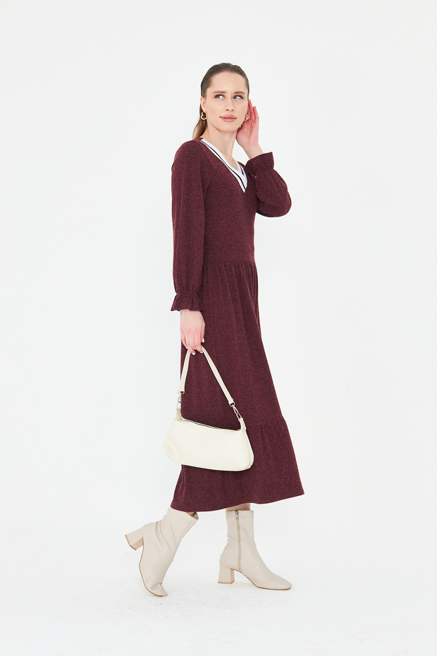 Women's Long Sleeve Knitwear V-Neck Wool Viscose Dress