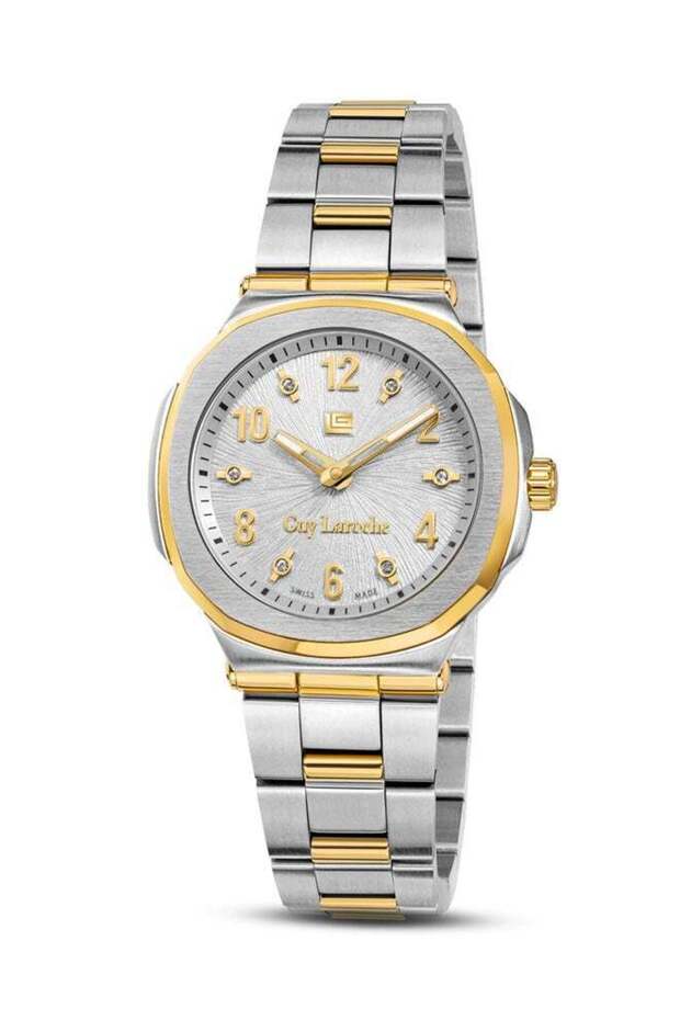 Charlie 33mm Ladies Swiss Quartz Watch, White Silver Swirl Dial, Silver/Gold Bracelet