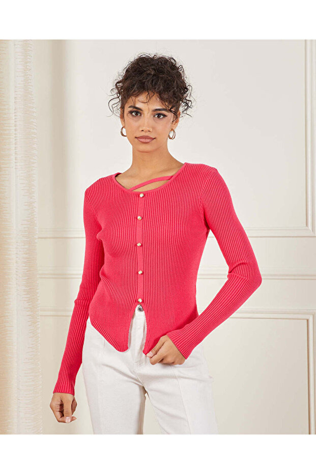 Women Pink Neck Detailed Ribbed Top