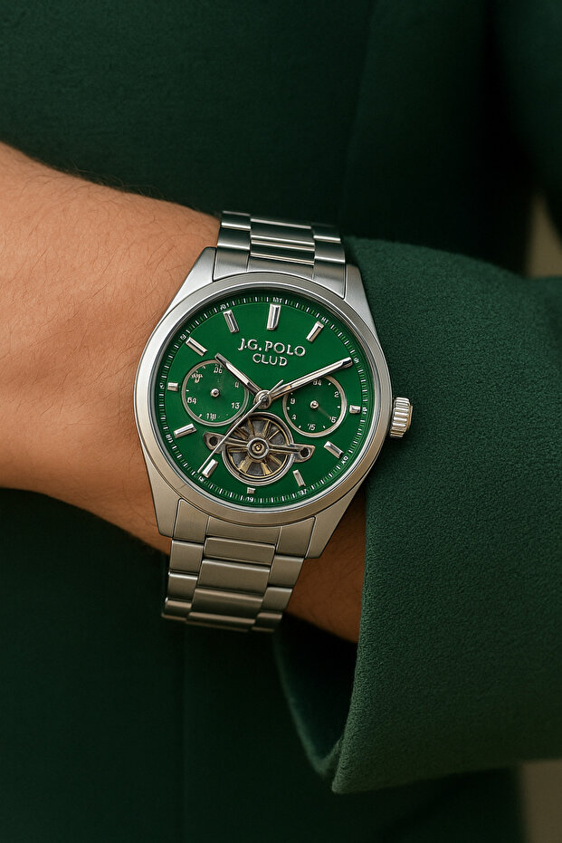 Men's Automatic Watch (No Battery),Functional,Green-Silver,Case Band Steel,5 Atm, in Stylish Box