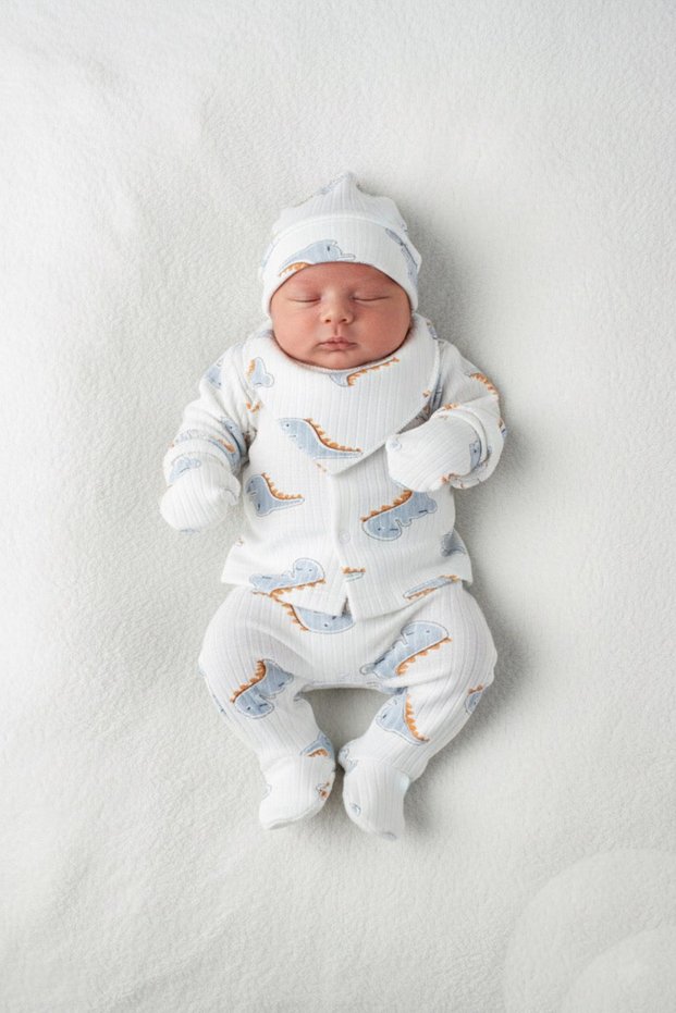 Baby Boy Blue Dinosaur Combed Cotton Hospital Release 5-Piece Set - Bodysuit, Organic Cotton, Soft