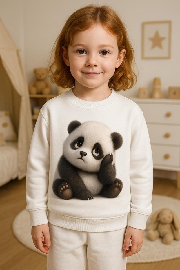 Crew Neck Long Sleeve Airy Panda Patterned Sh Fleece-Lined Sweatshirt3-4-5-6-7-8-9-10-11-12 Years
