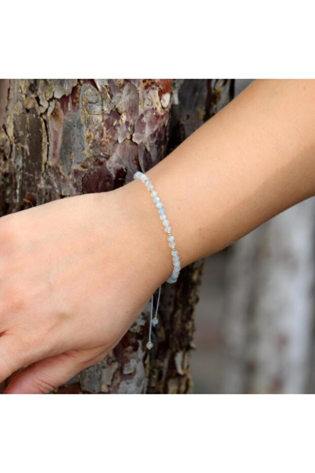 Aquamarine Stone Bracelet – 3.5 mm Natural Stone, Macrame Braided, Adjustable Unisex Model
