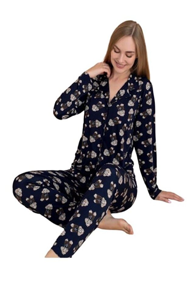 Women's Milan Fabric Shirt Collar Buttoned through Black Long Sleeve Pajama Set