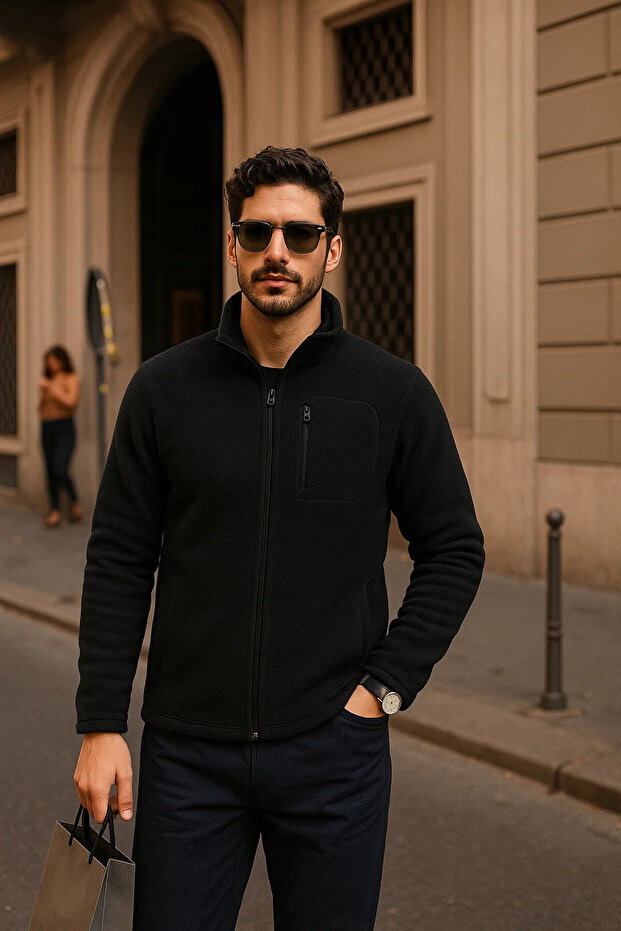 سترة شتوية رجالية من الصوف الأسود بسحاب وجيوب - 4