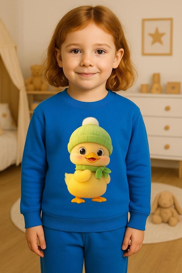 Crew Neck Long Sleeve Bereli̇ Chicken Patterned Sharad Fleece-Lined Atshirt3-4-5-6-7-8-9-10-11-12 Age