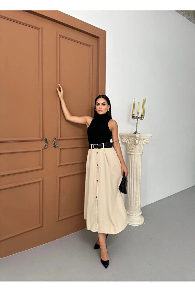 Women's Black Beige Turtleneck Dress Sandy Top and Buttoned Flared Woven Skirt with Pockets