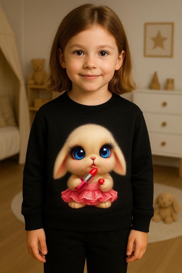 Crew Neck Long Sleeve Rubies Don'T Bite Rabbit Patterned Sh Fleece-Lined Sweatshirt3-4-5-6-7-8-9-10-11-12 Years