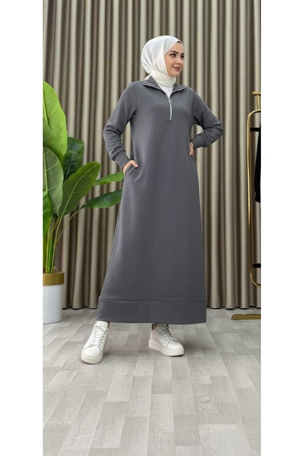 Sports Long Knitted Hijab Dress with Zipper Detail Pocket