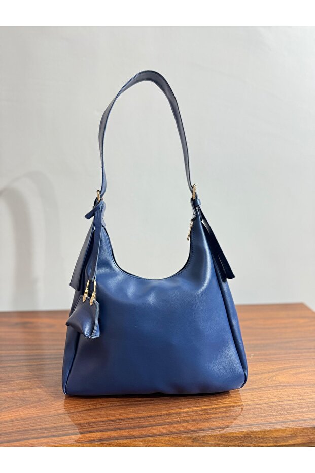 Leather Shoulder Bag with Charm Detail and Small Wallet - Navy Blue
