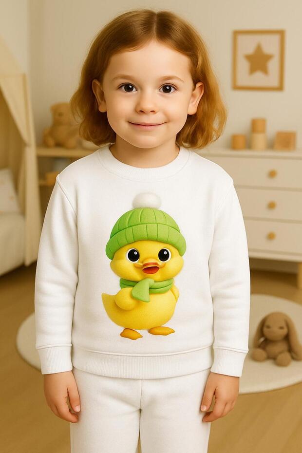 Crew Neck Long Sleeve Bereli̇ Chicken Patterned Sharad Fleece-Lined Atshirt3-4-5-6-7-8-9-10-11-12 Age