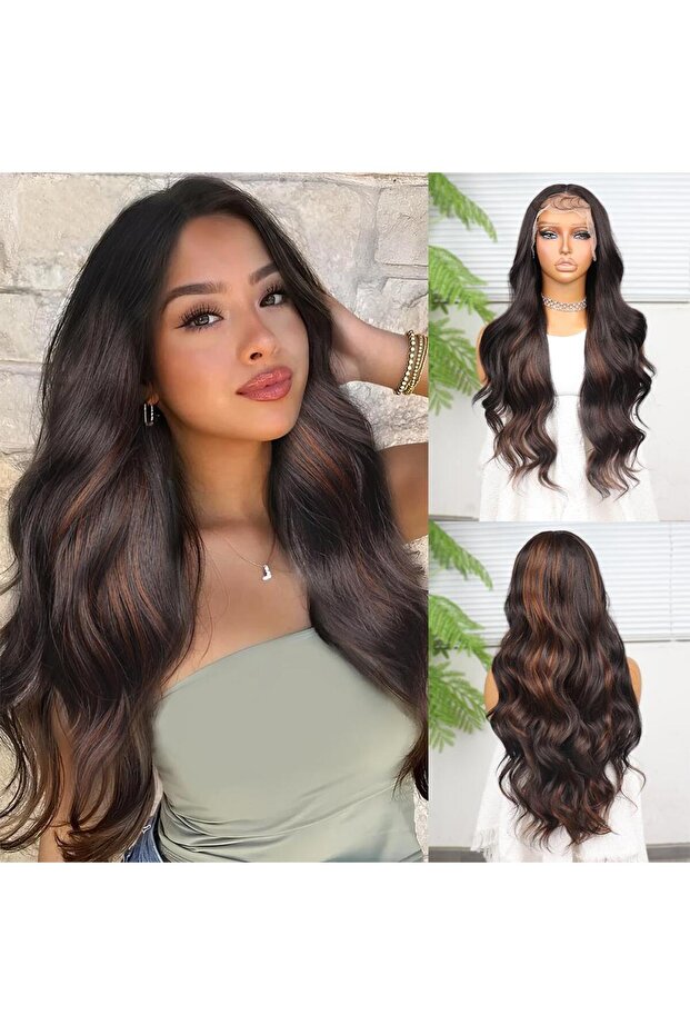 Dark Brown and Copper Sparkle Wavy Fiber Synthetic Tulle Wig