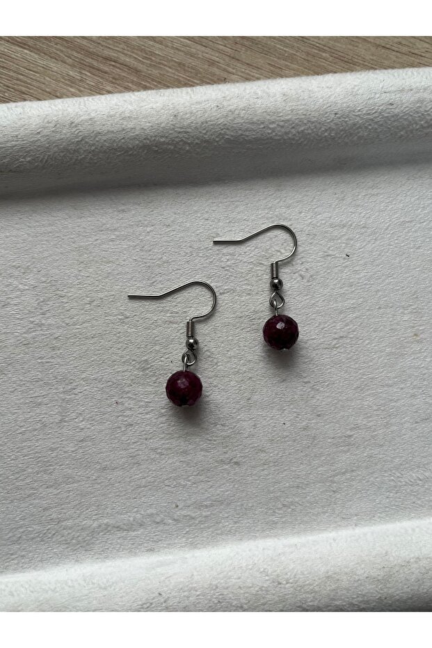 8mm Ruby Stone Silver Color Steel Earrings Handmade