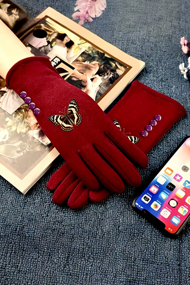 Butterfly Embroidered Reading Soft Button Detailed Women's Gloves