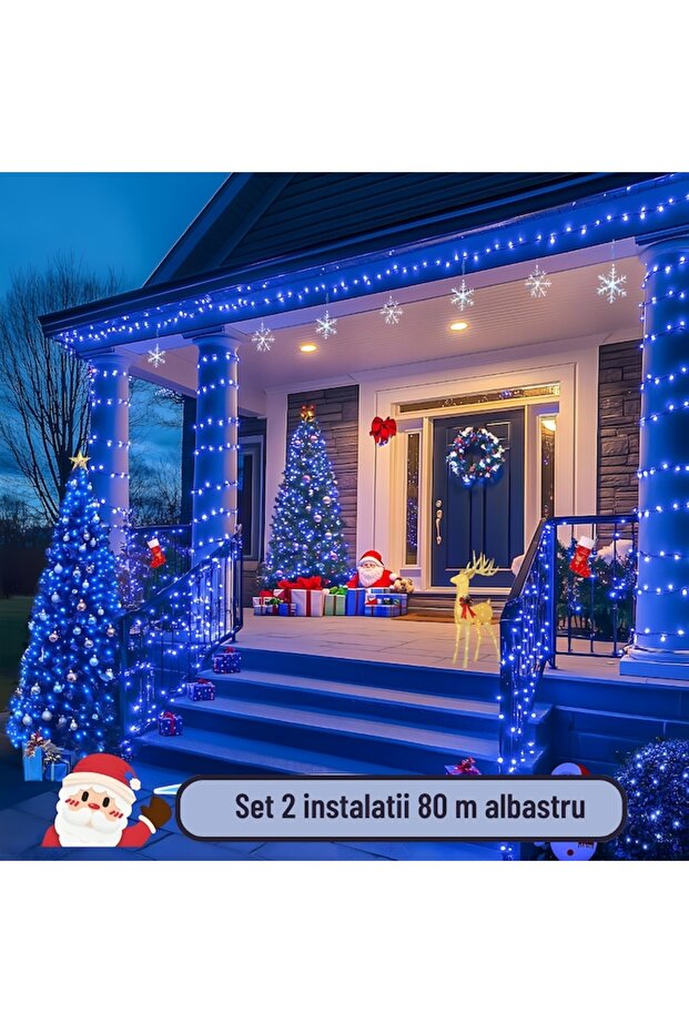 Set of 2 Linear Light Strings (2x80 m), 8 Light Modes, Blue LEDs, IP44 - 2