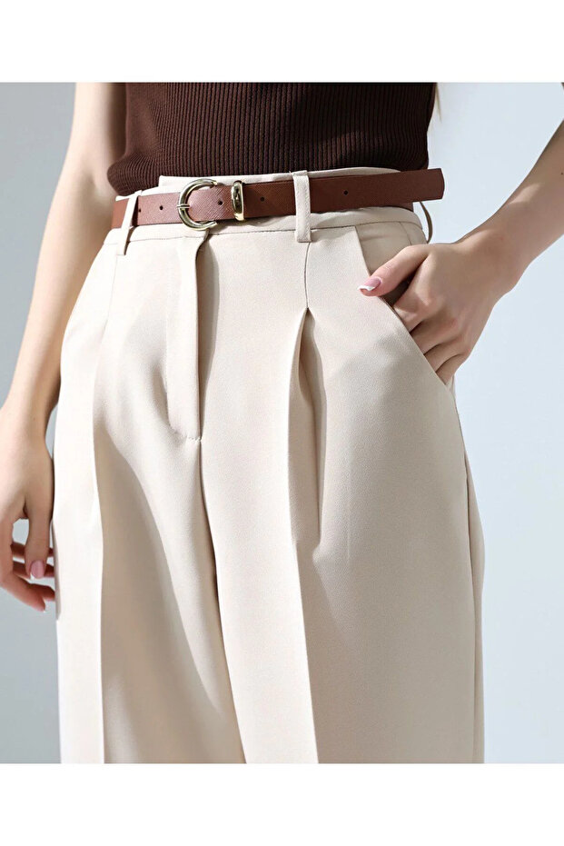 Women's Cream High Waist Pleated Straight Belted Ankle Length Carrot Cut Fabric Pants