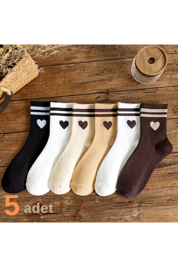 5 Pairs of College Socks with Stripes & Heart Pattern Breathable Flexible Texture