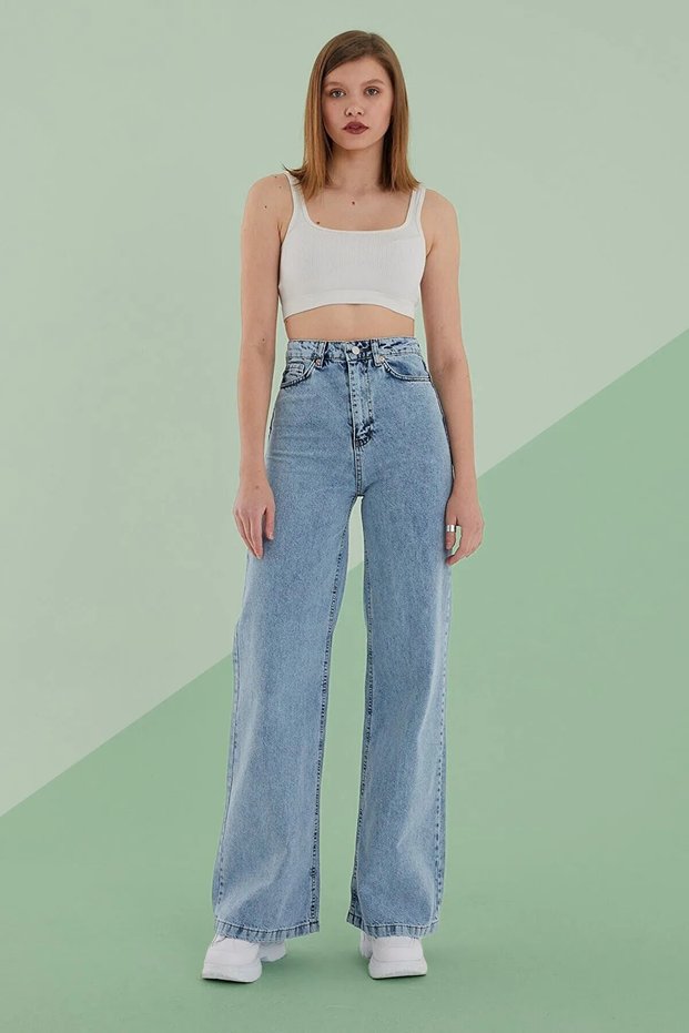 Bt13579740 Blue Women's 90's Wide Leg Snow Wash Casual High Waist Stretch Fabric Jeans Denim Pants
