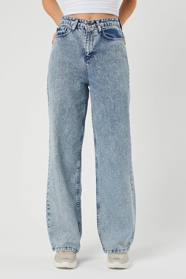 Bt14200663 Women's High Waist Blue Snow Wash 90's Wide Leg Stretch Fabric Jeans Pants