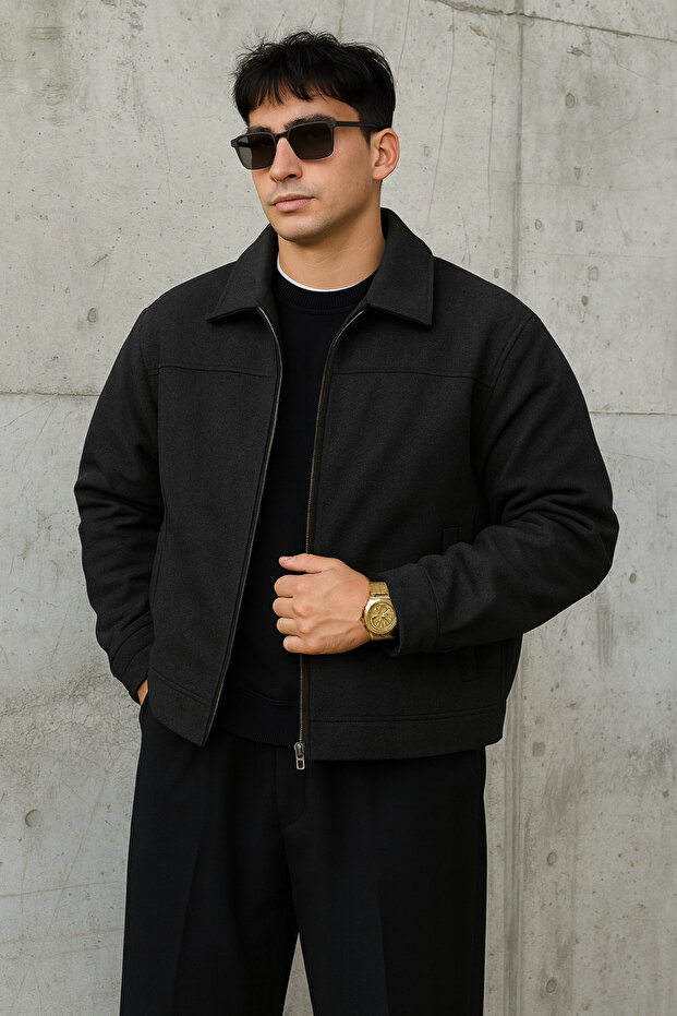 Shirt Collar, Slim-fit, Old Money Culture, Zip-Up, Melton Fabric Jacket