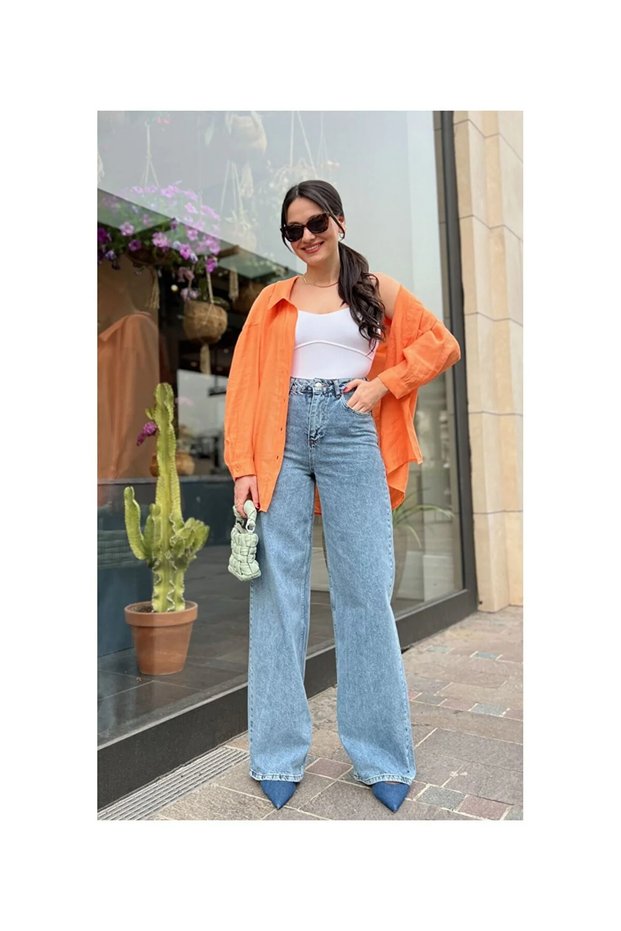 Bt12473243 Jeans Light Blue Snow Wash High Waist Wide Leg Wide Leg Loose Comfort Stretch Fabric