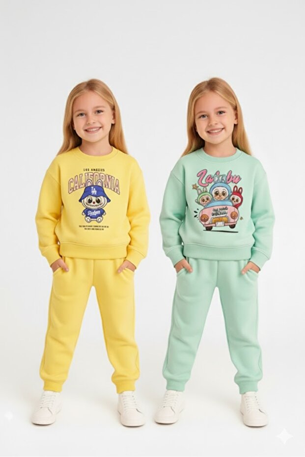 Girl's Printed Winter Fleece-Lined Sweatshirt / Tracksuit Set
