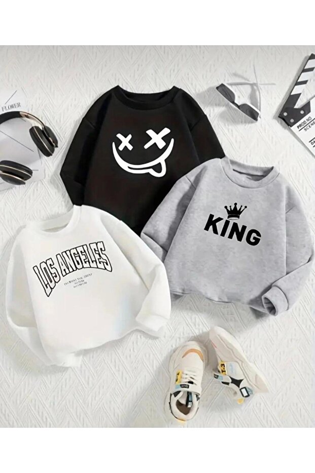 Boy's 3-Piece Black-White-Grey Losangeles-King-Gülenyüz Printed Sweatshirt