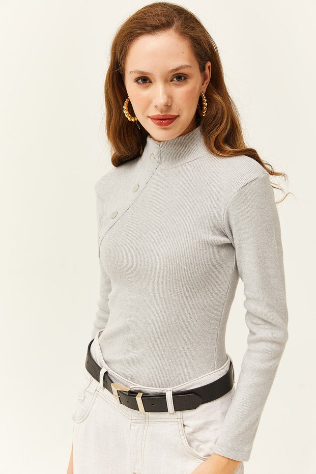 Women's Gray Button Detailed Half Fisherman Fleece-Lined Stretchy Blouse Blz-19003155