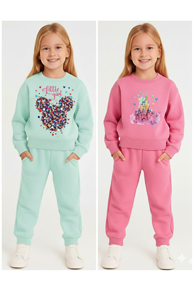 Girl's Printed Winter Fleece-Lined Sweatshirt / Tracksuit Set