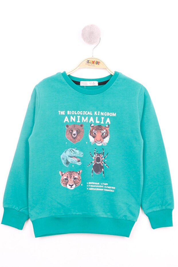 Dark Green Boy's Relax Fit Crew Neck Animal Printed Sweatshirt - 2 Thread