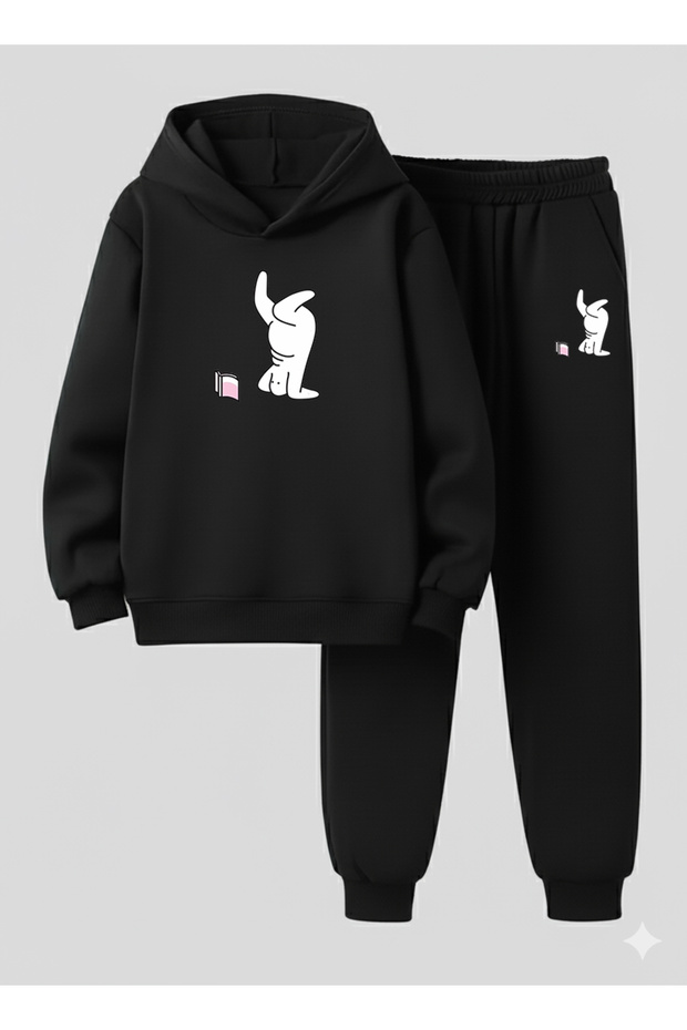 Children Hooded Set Funny Character B Printed 3 Yarn Şa Fleece-Lined Weatshirt - Tracksuit Set