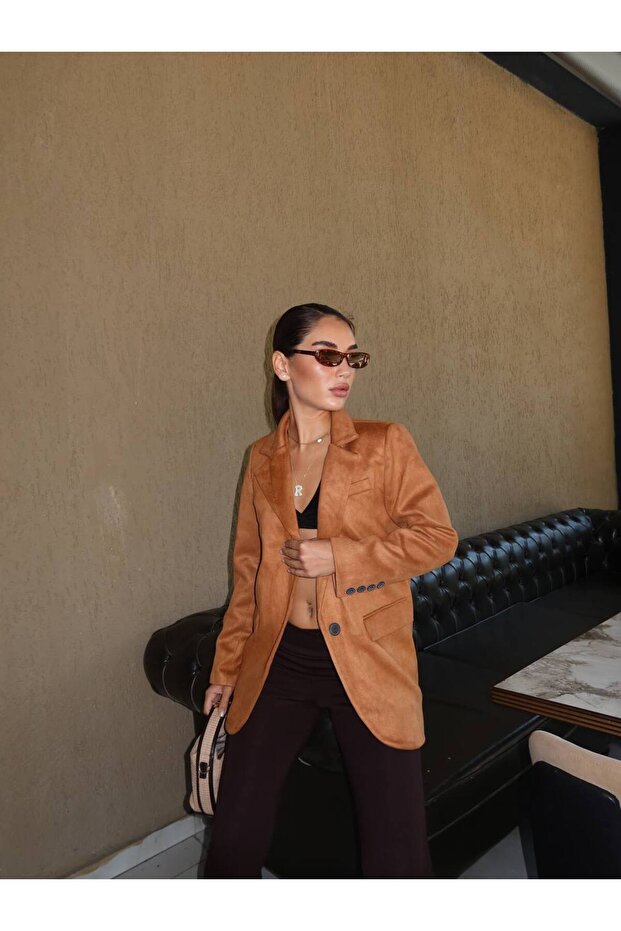 Tek Düğme Kruvaze Süet Ceket - 4