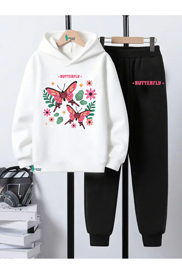 Hooded Sweatshirt Children's Bottom Top Set 3 Thread Cotton Butterfly
