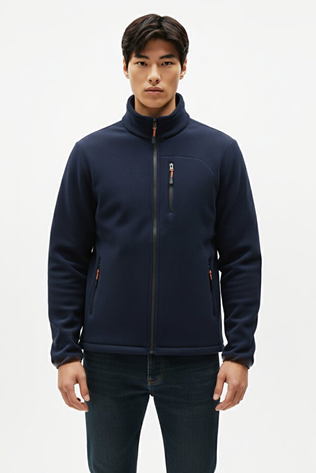 Men's Navy Blue Non-Pilling Mock Neck Standard Full Zip 3-Pocket Men's Fleece Cardigan