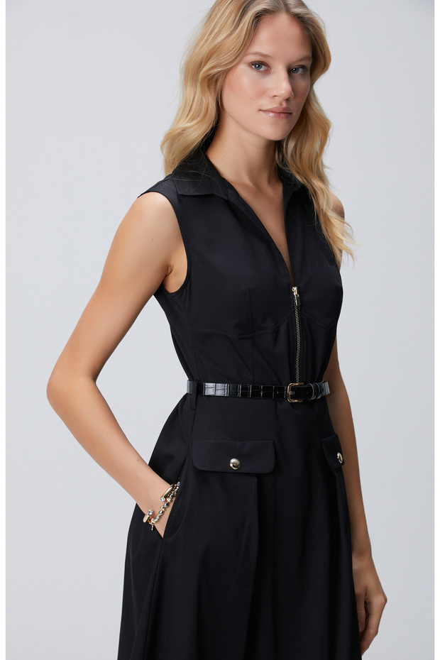 Siyah Fermuarlı Midi Elbise - 2