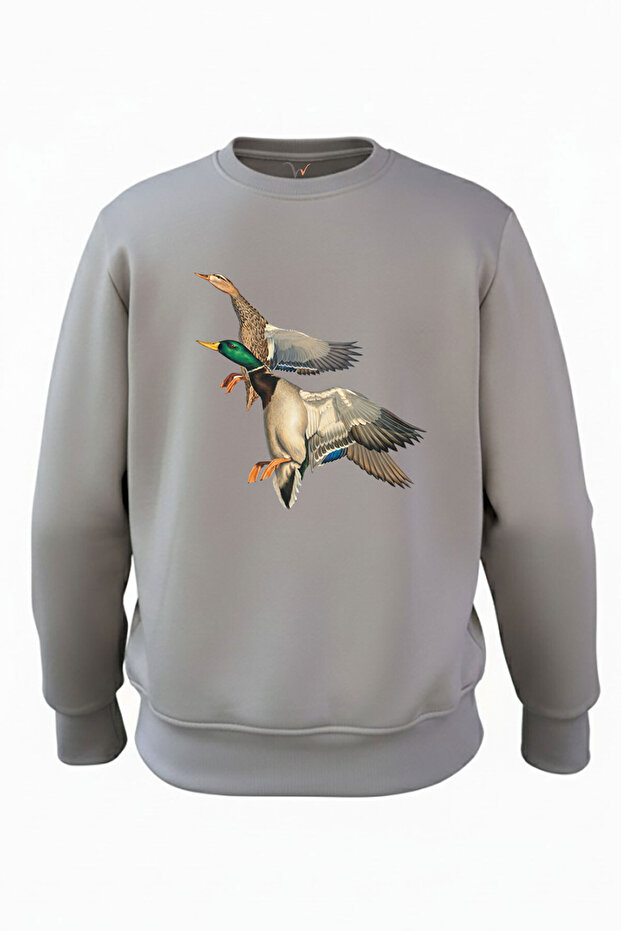 سويت شيرت Hunting Duck Hunt Flying Ducks مطبوع ذو مقاس عادي وثلاثة خيوط مبطن بالصوف مصنوع من القطن بنسبة 100% باللون الأنثراسيت