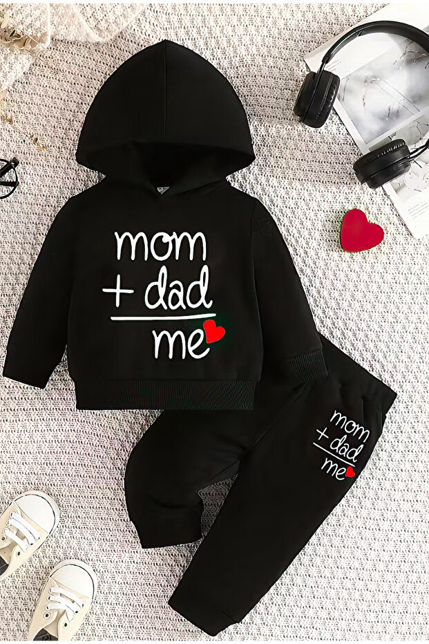 Hooded Sweatshirt Children's Bottom Top Set 3 Thread Cotton Mom + Dad = Me