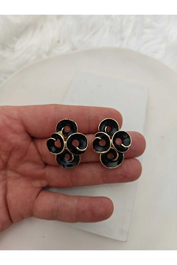 Four Spiral Black Enamel Gold Women's Earrings