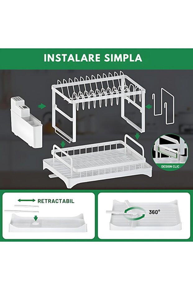 Dish drainer with drainer support, 2 levels, removable tray, quick assembly, white - 5