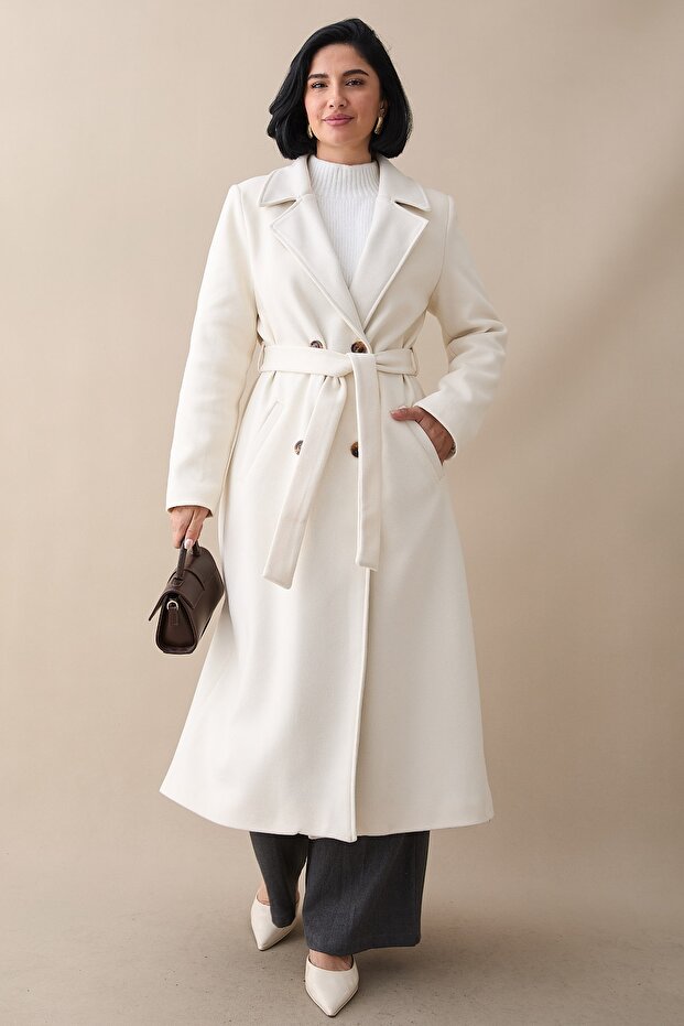 Lined Kaşe Double-Breasted Cream Coat
