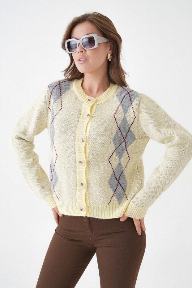 Women's Yellow Crew Neck Button Detail Patterned Knitwear Cardigan