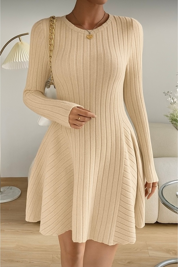 Beige Long Sleeve Fitted Ribbed Knit Mini Dress