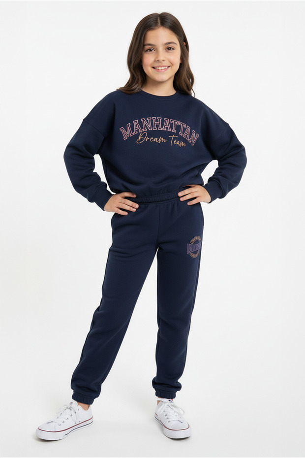 Girls' Navy Blue Manhattan Printed Tracksuit Set - Comfortable and Stylish Sweatshirt & Jogger Pants