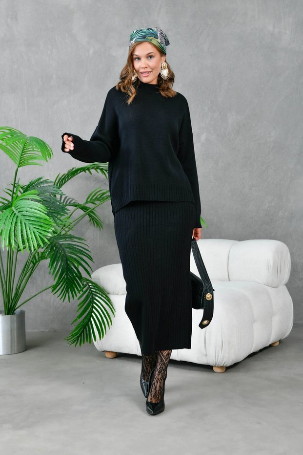 Women's Black Mock Neck Casual Sweater Long Skirt Two-Piece Knitwear Set