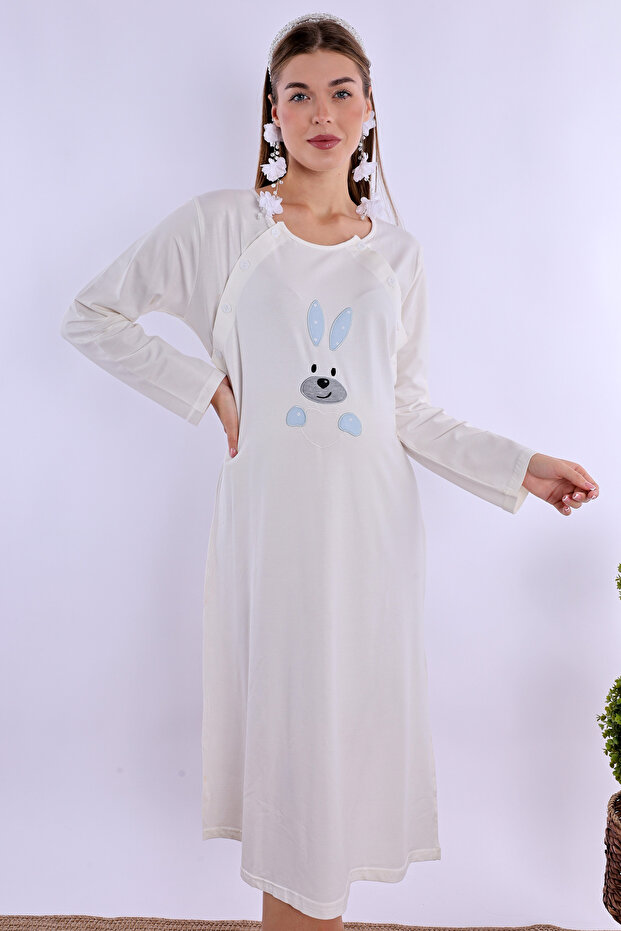 Cotton Maternity Nightgown with Breastfeeding Feature Effortt - Blue