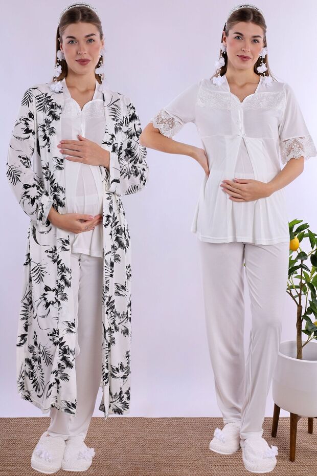 Effortt Ecru Robed Maternity and Postpartum Pajama Set